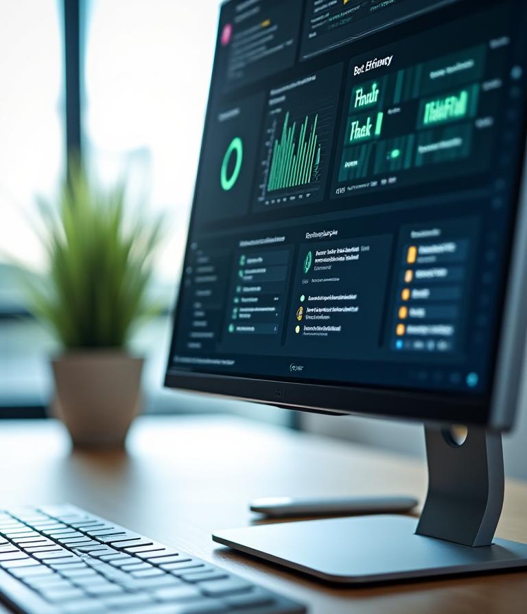 A clean, sleek software robot dashboard showing data metrics and automation logs