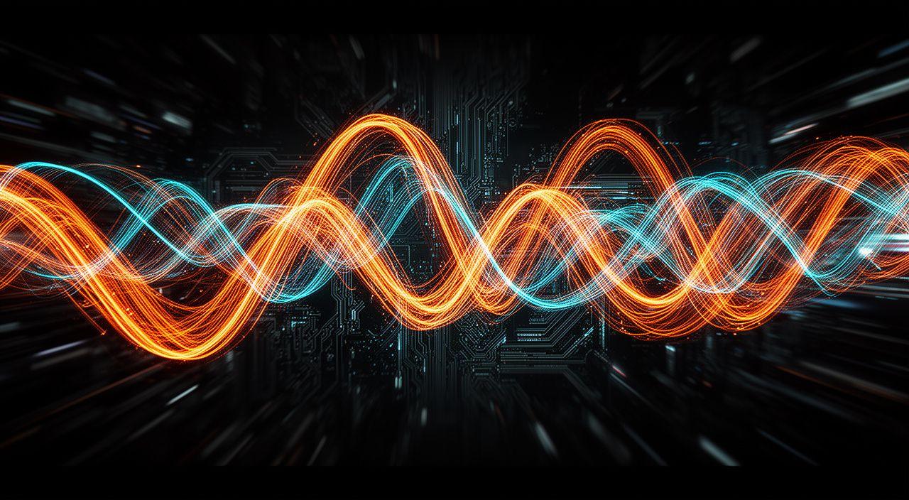 Abstract representation of digital transformation with light trails and futuristic circuitry